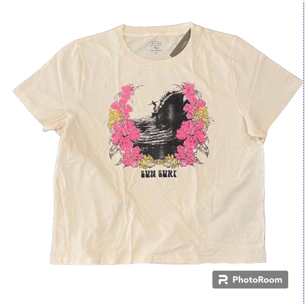NWT J. Crew Antique White/Ivory  W/"Sun Surf" Graphic Broken-in Jersey Tee